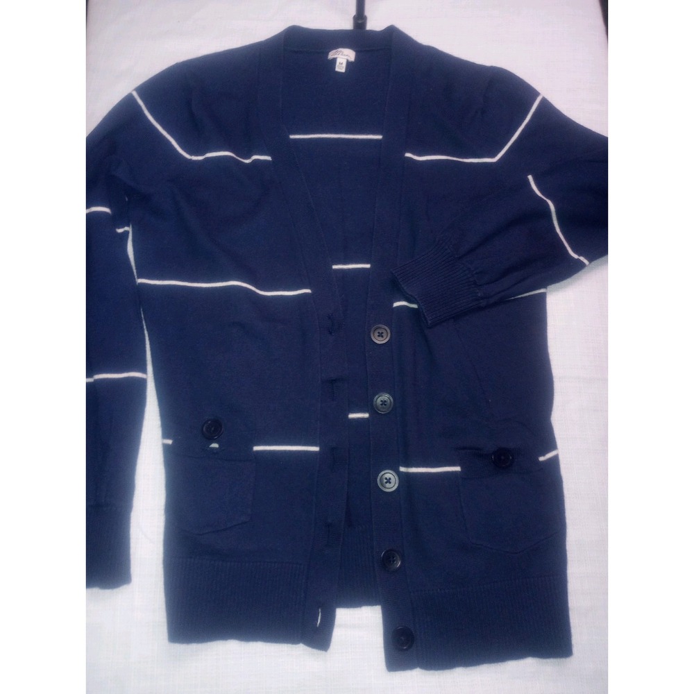 Vtg LL Bean Medium Sweater Cardigan Button Pocket Cashmere Blend Striped Navy